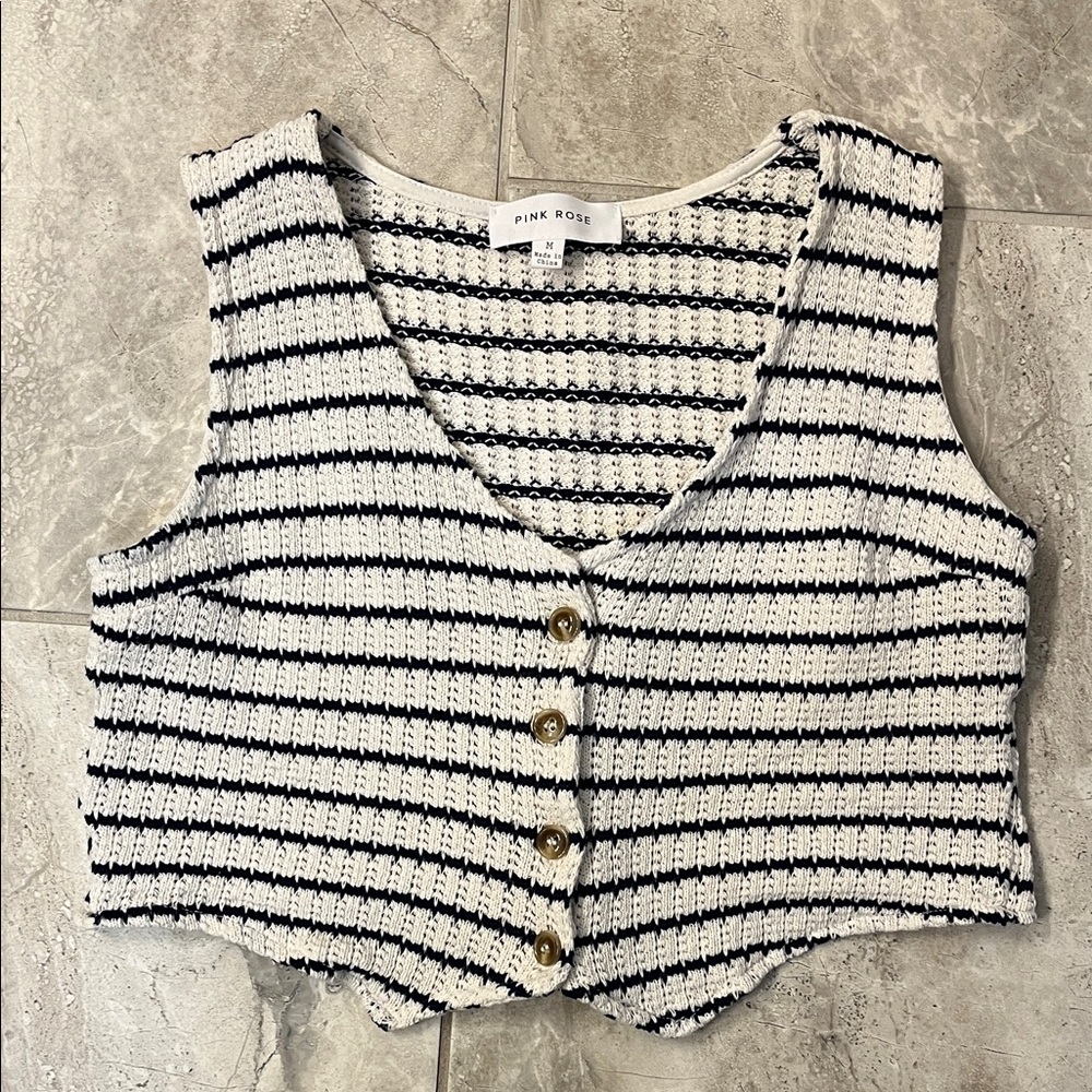 Pink Rose Ivory & Navy Cropped Knit Vest